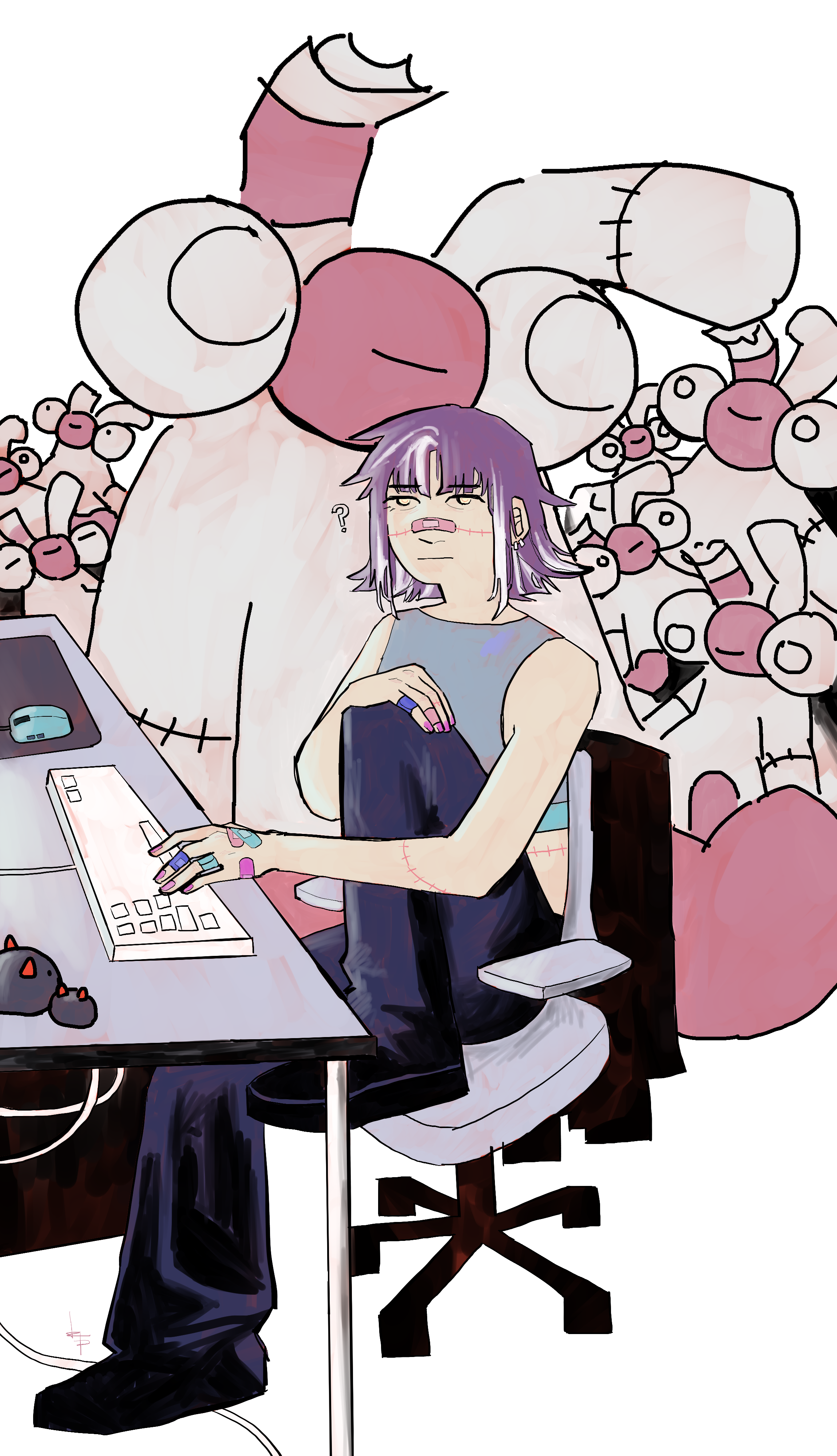 fanart of vtuber michi sitting at her desk with a hand on her keyboard. she is looking at the viewer
	  with an annoyed expression and the background is filled with plushies of her mascot.